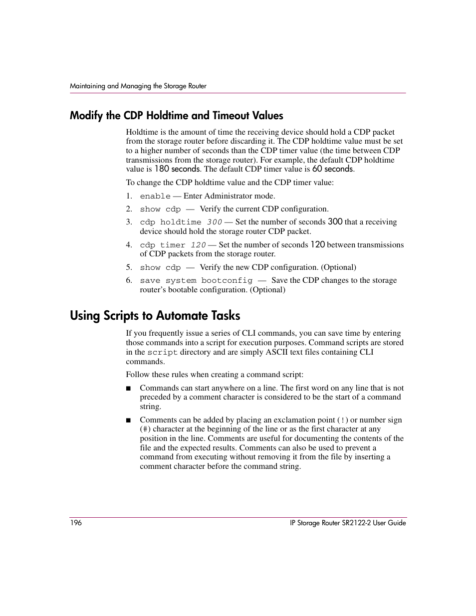 Modify the cdp holdtime and timeout values, Using scripts to automate tasks | HP StorageWorks IP Storage Router User Manual | Page 196 / 242