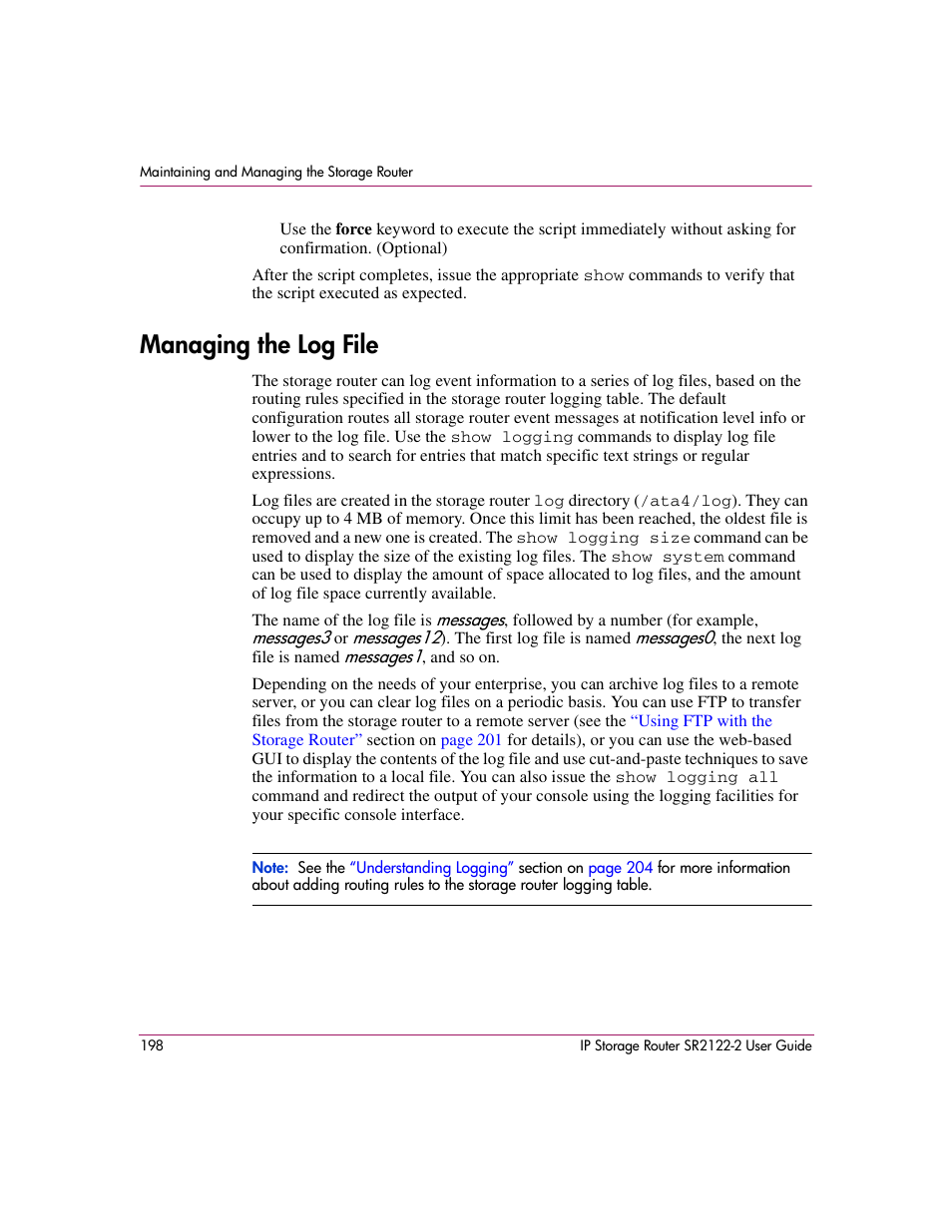 Managing the log file | HP StorageWorks IP Storage Router User Manual | Page 198 / 242