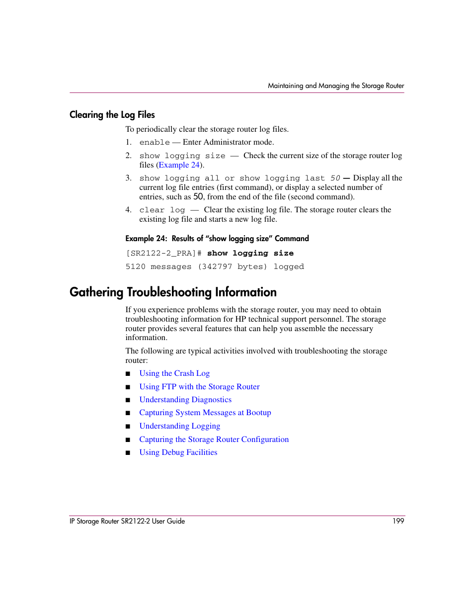 Clearing the log files, Gathering troubleshooting information | HP StorageWorks IP Storage Router User Manual | Page 199 / 242