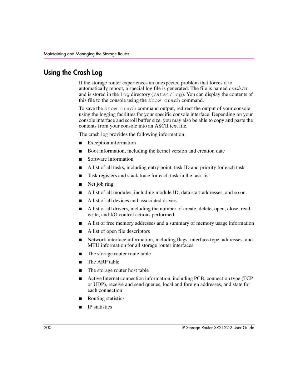 Using the crash log | HP StorageWorks IP Storage Router User Manual | Page 200 / 242