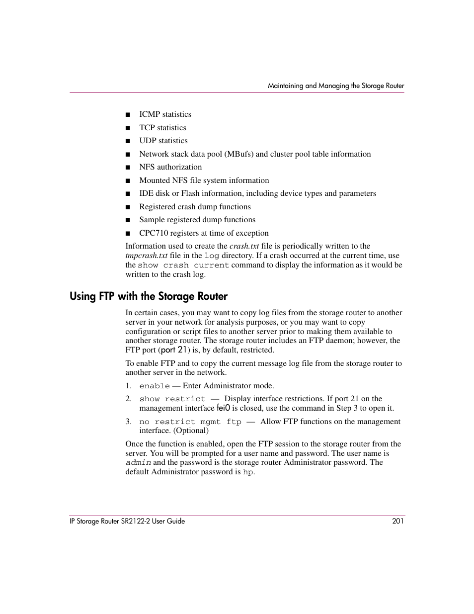 Using ftp with the storage router, On on, Using ftp with the | Storage router | HP StorageWorks IP Storage Router User Manual | Page 201 / 242