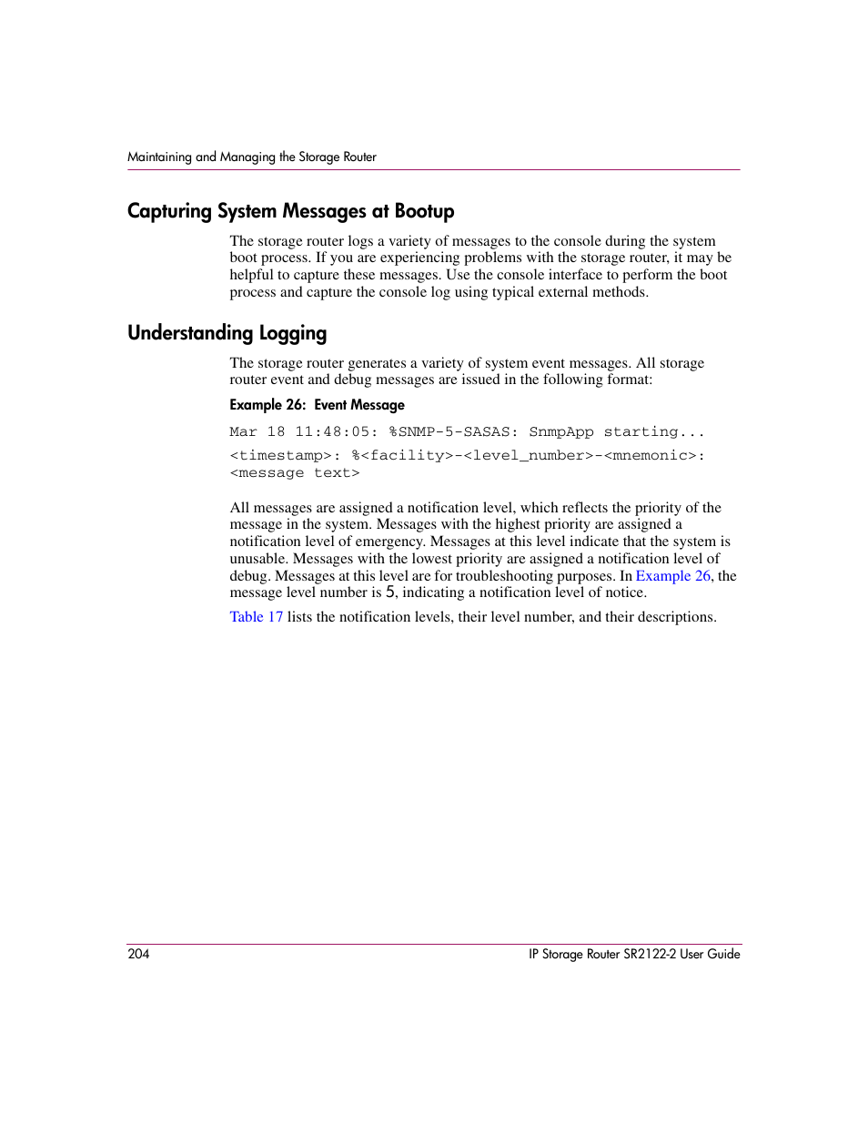 Capturing system messages at bootup, Understanding logging | HP StorageWorks IP Storage Router User Manual | Page 204 / 242