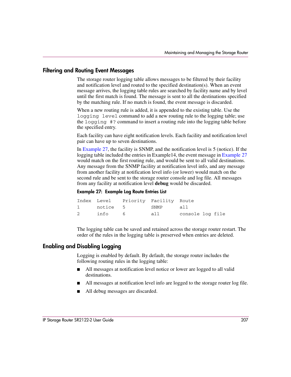 Filtering and routing event messages, Enabling and disabling logging | HP StorageWorks IP Storage Router User Manual | Page 207 / 242