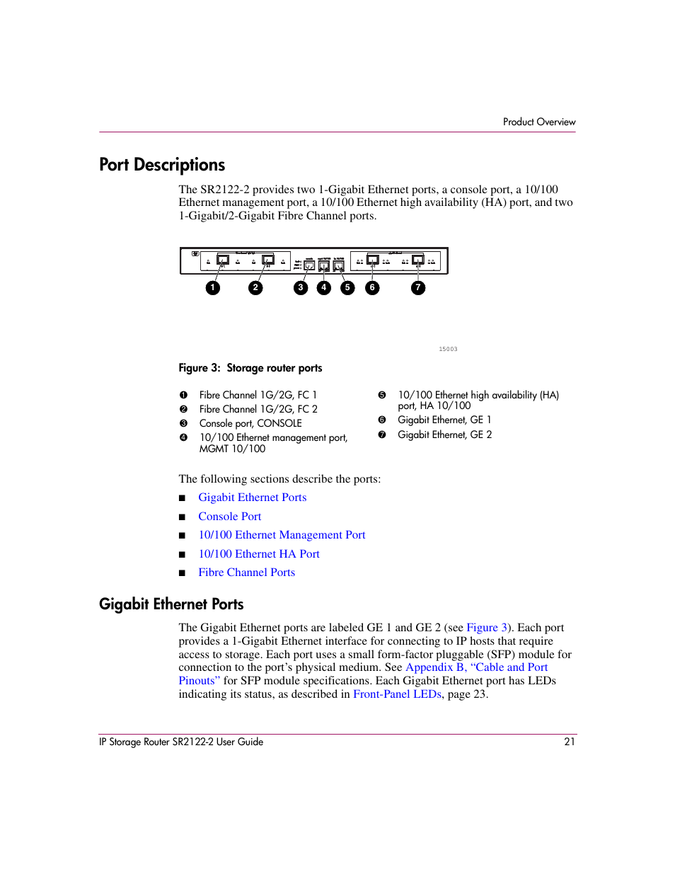 Port descriptions, Figure 3: storage router ports, Gigabit ethernet ports | 3 storage router ports | HP StorageWorks IP Storage Router User Manual | Page 21 / 242