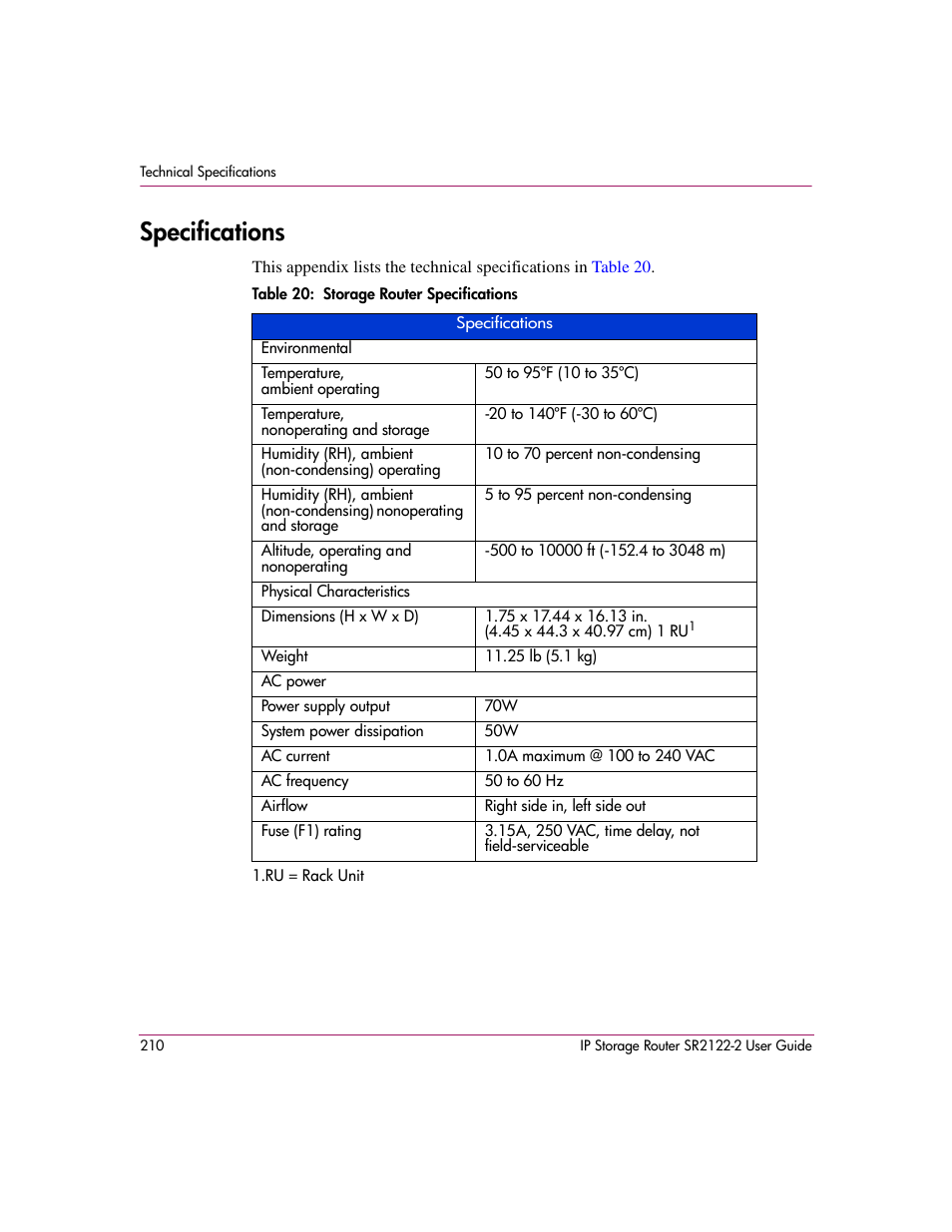 Specifications, Table 20: storage router specifications, 20 storage router specifications | Table 20 | HP StorageWorks IP Storage Router User Manual | Page 210 / 242