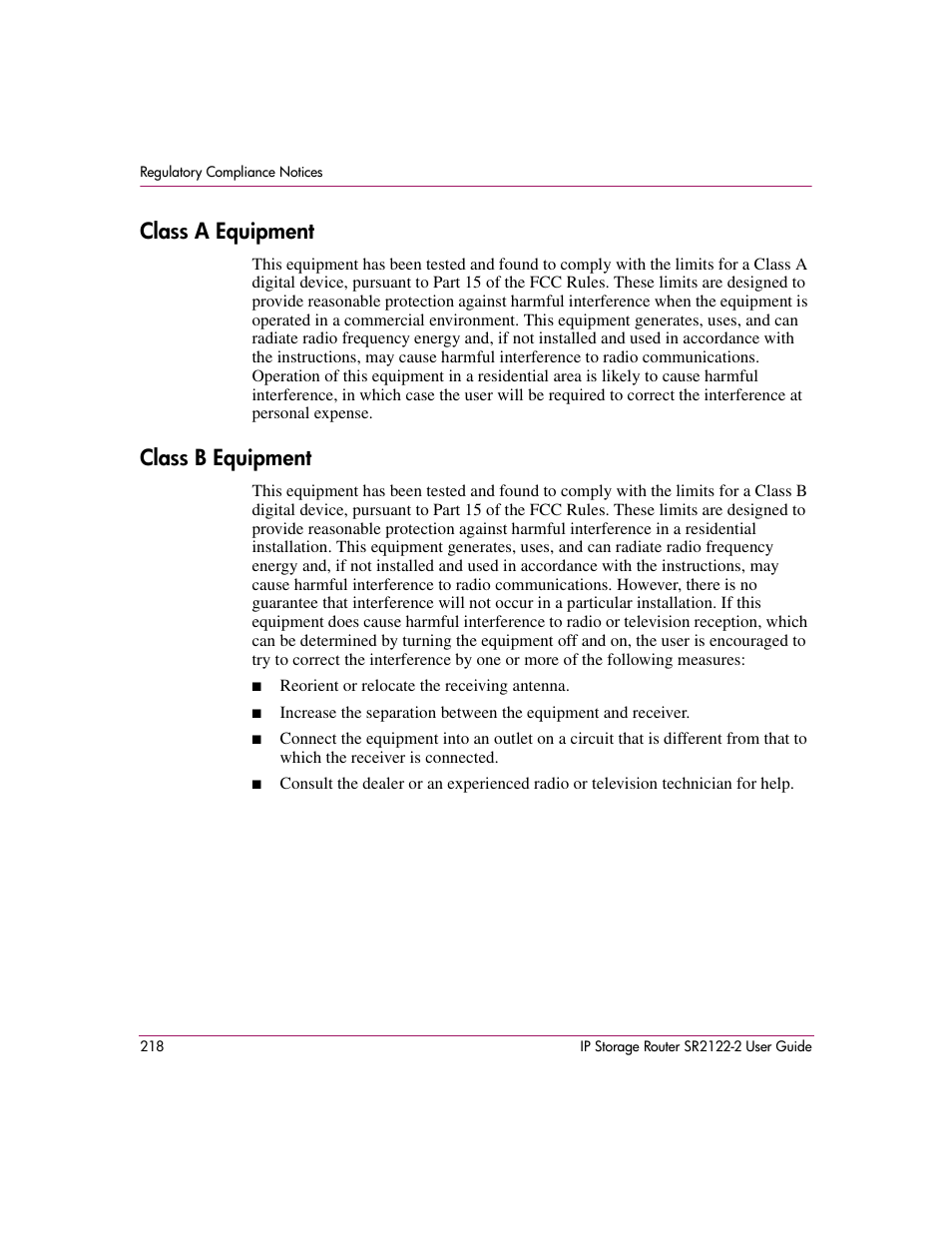 Classa equipment, Classb equipment, Class a equipment class b equipment | Class a equipment, Class b equipment | HP StorageWorks IP Storage Router User Manual | Page 218 / 242