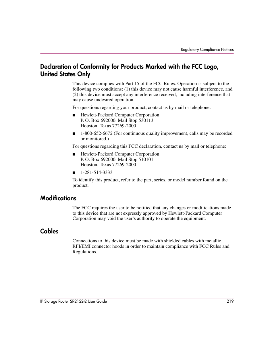 Modifications, Cables | HP StorageWorks IP Storage Router User Manual | Page 219 / 242