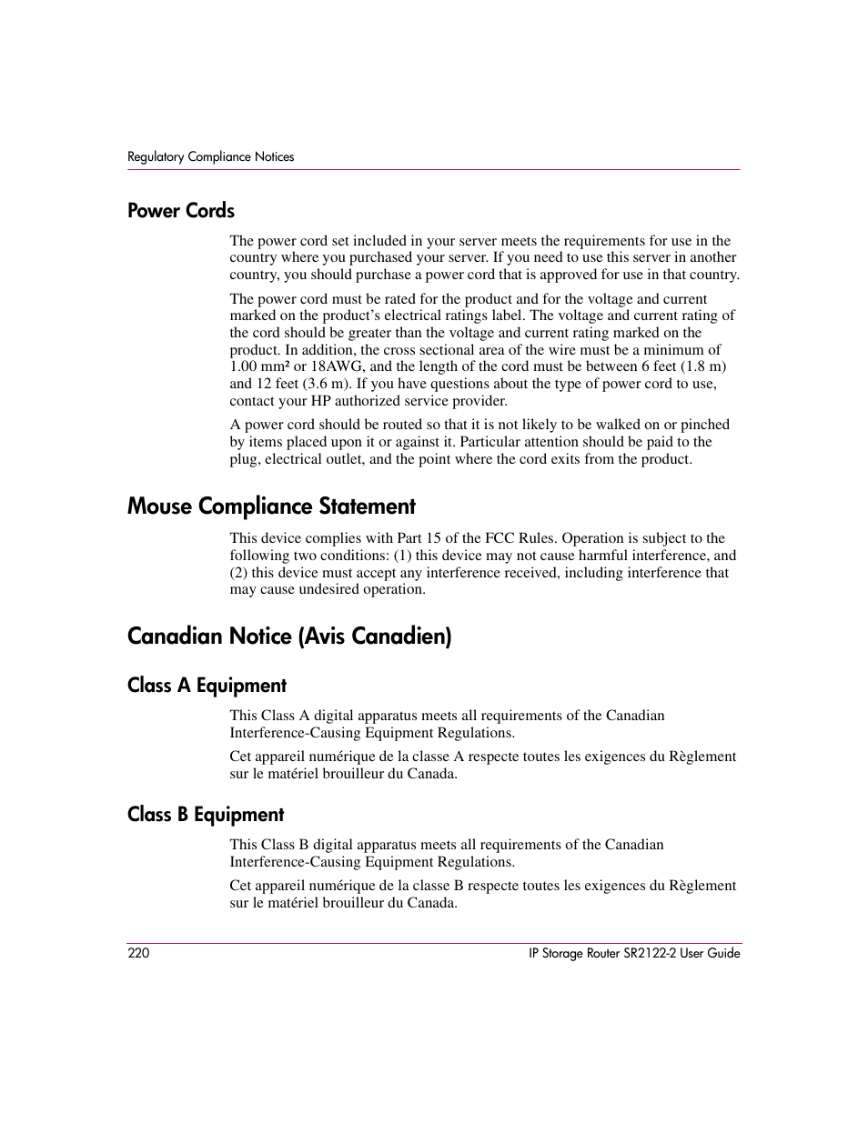 Power cords, Mouse compliance statement, Canadian notice (avis canadien) | Classa equipment, Classb equipment, Class a equipment class b equipment | HP StorageWorks IP Storage Router User Manual | Page 220 / 242