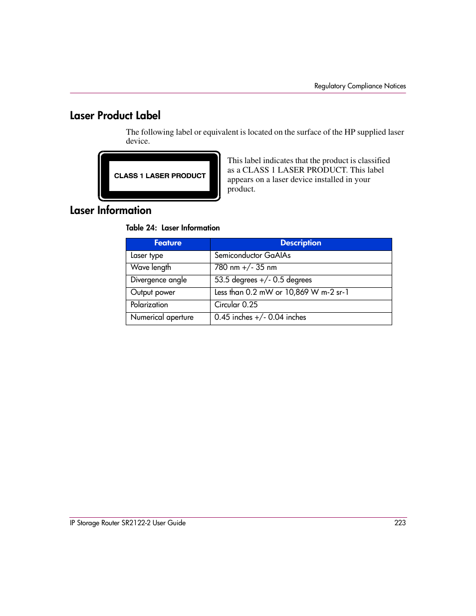 Laser product label, Laser information, Table 24: laser information | Laser product label laser information, 24 laser information | HP StorageWorks IP Storage Router User Manual | Page 223 / 242