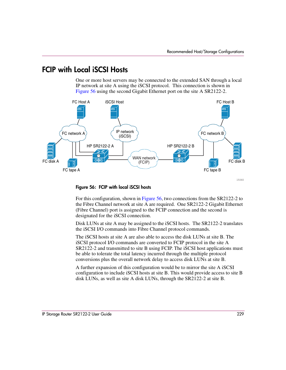 Fcip with local iscsi hosts, Figure 56: fcip with local iscsi hosts, 56 fcip with local iscsi hosts | HP StorageWorks IP Storage Router User Manual | Page 229 / 242