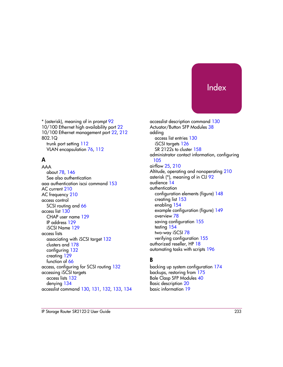 Index | HP StorageWorks IP Storage Router User Manual | Page 233 / 242