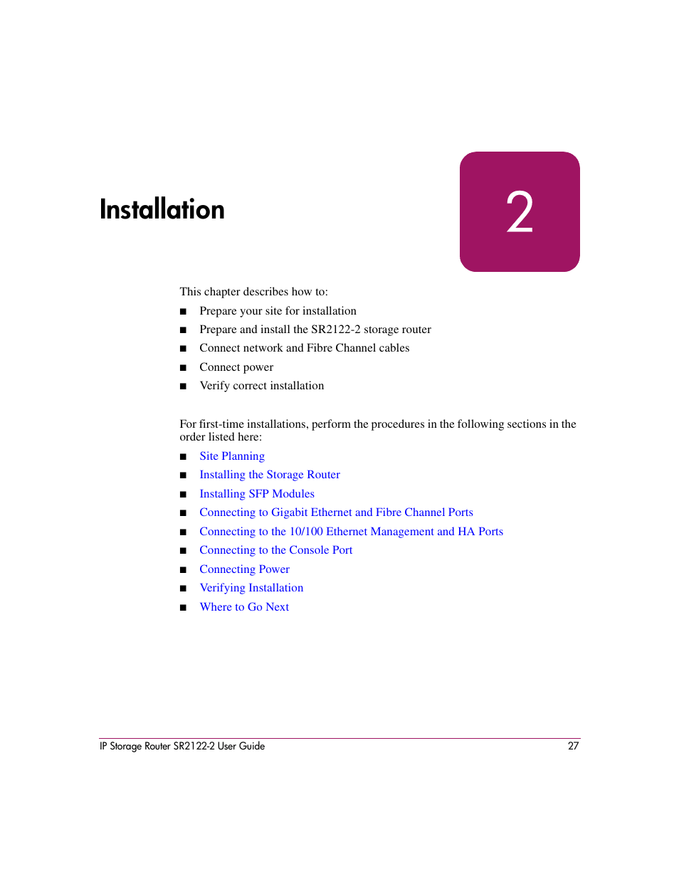 2 installation, Installation | HP StorageWorks IP Storage Router User Manual | Page 27 / 242
