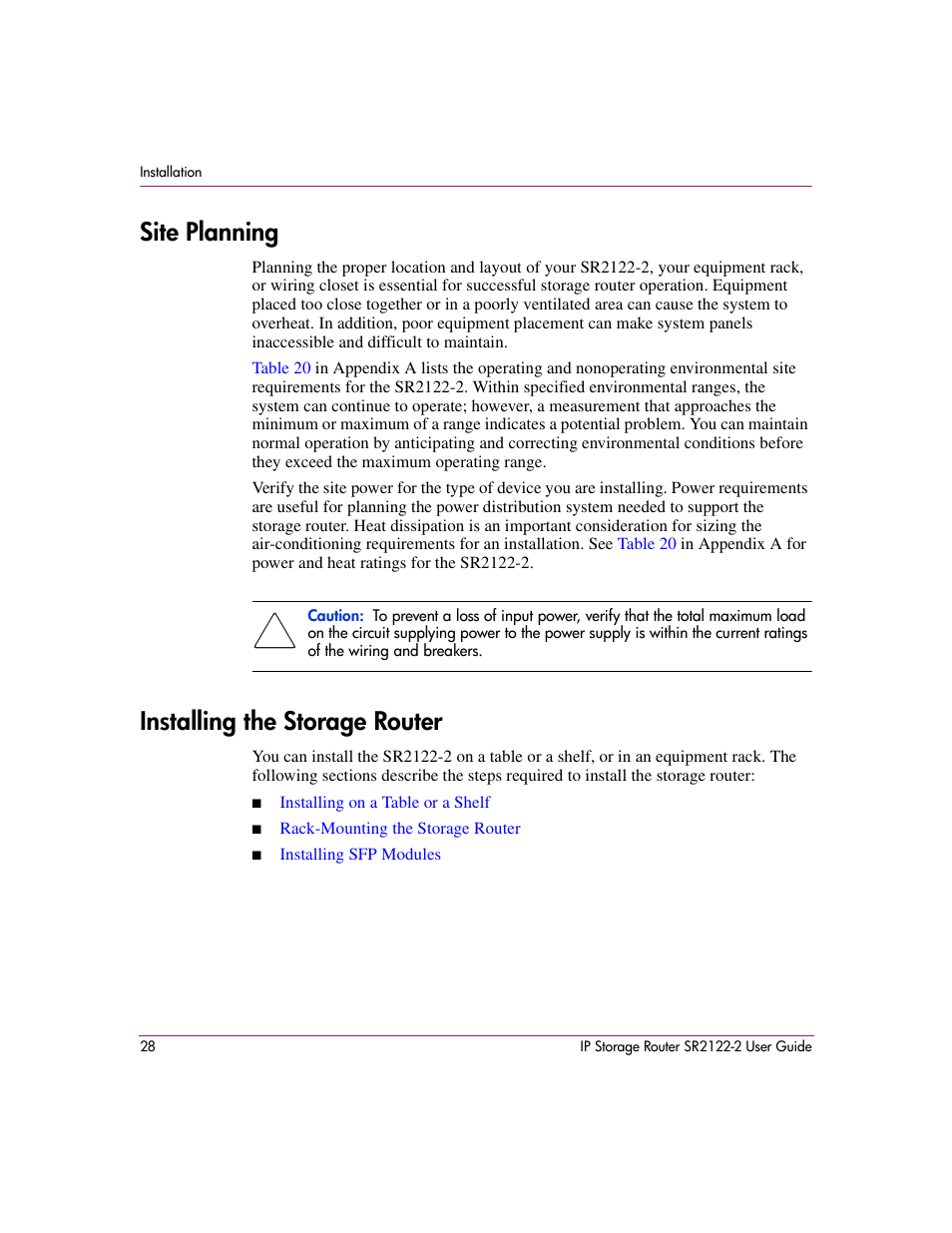 Site planning, Installing the storage router, Site planning installing the storage router | HP StorageWorks IP Storage Router User Manual | Page 28 / 242