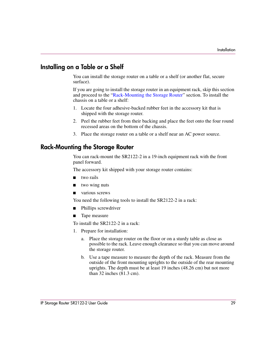 Installing on a table or a shelf, Rack-mounting the storage router | HP StorageWorks IP Storage Router User Manual | Page 29 / 242