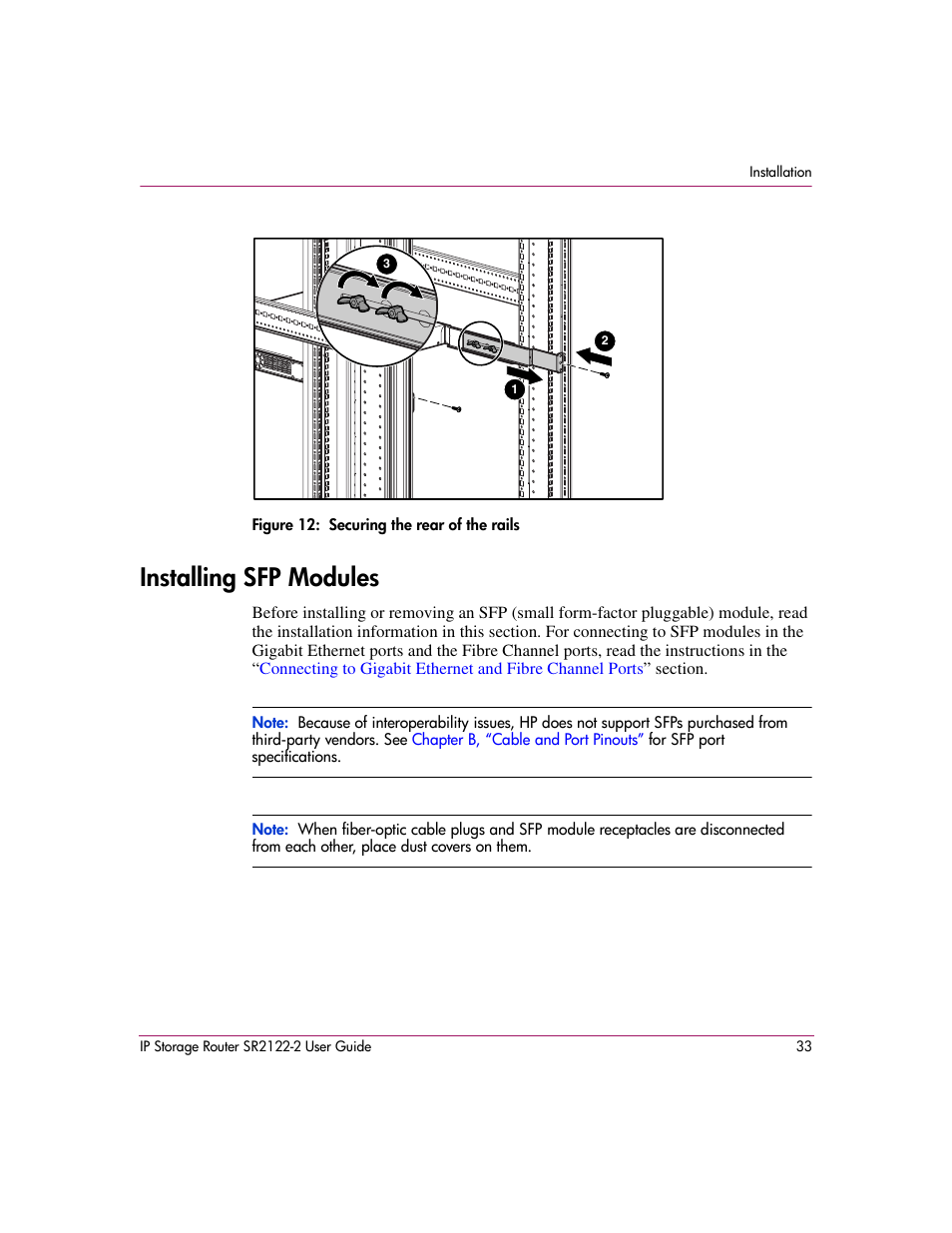 Figure 12: securing the rear of the rails, Installing sfp modules, 12 securing the rear of the rails | HP StorageWorks IP Storage Router User Manual | Page 33 / 242