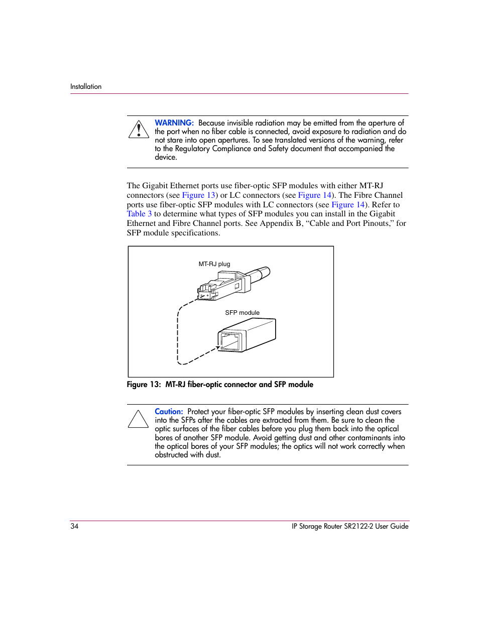 13 mt-rj fiber-optic connector and sfp module | HP StorageWorks IP Storage Router User Manual | Page 34 / 242