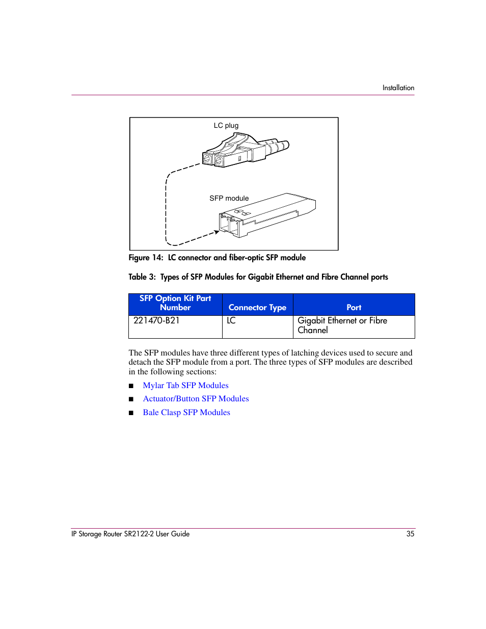 Figure 14: lc connector and fiber-optic sfp module, 14 lc connector and fiber-optic sfp module, Figure 14 | Table 3 | HP StorageWorks IP Storage Router User Manual | Page 35 / 242