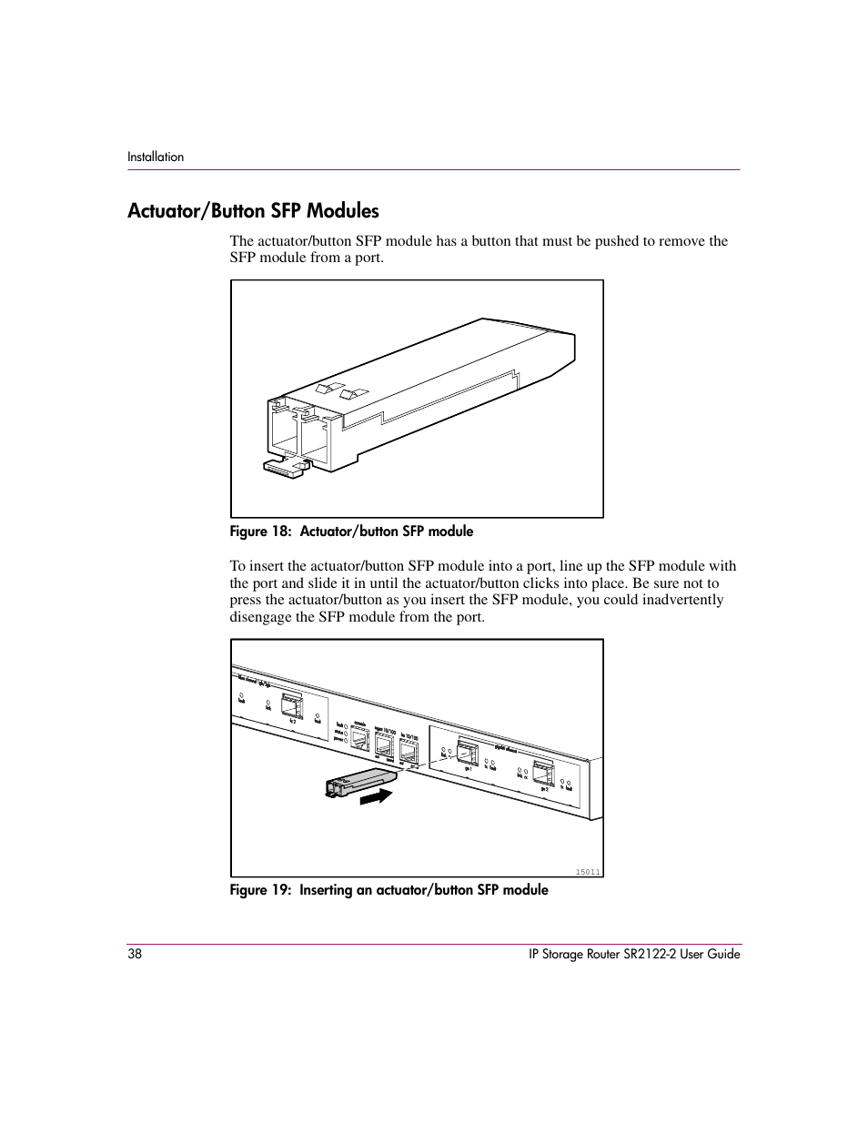 Actuator/button sfp modules, Figure 18: actuator/button sfp module, Figure 19: inserting an actuator/button sfp module | HP StorageWorks IP Storage Router User Manual | Page 38 / 242