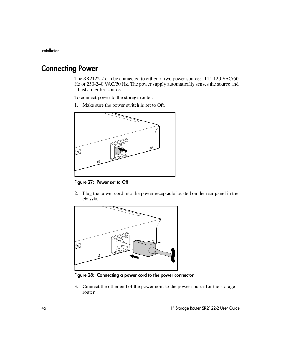 Connecting power, Figure 27: power set to off | HP StorageWorks IP Storage Router User Manual | Page 46 / 242