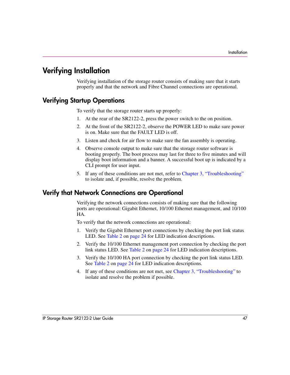 Verifying installation, Verifying startup operations, Verify that network connections are operational | HP StorageWorks IP Storage Router User Manual | Page 47 / 242