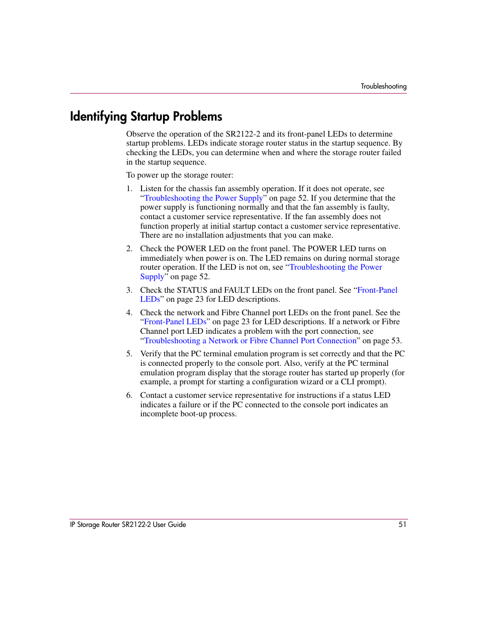 Identifying startup problems | HP StorageWorks IP Storage Router User Manual | Page 51 / 242