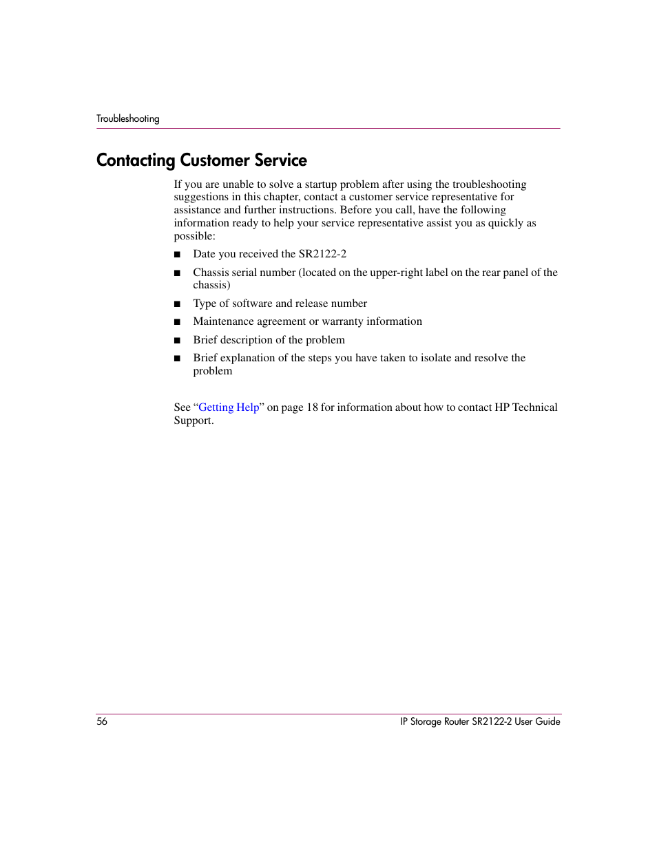 Contacting customer service | HP StorageWorks IP Storage Router User Manual | Page 56 / 242