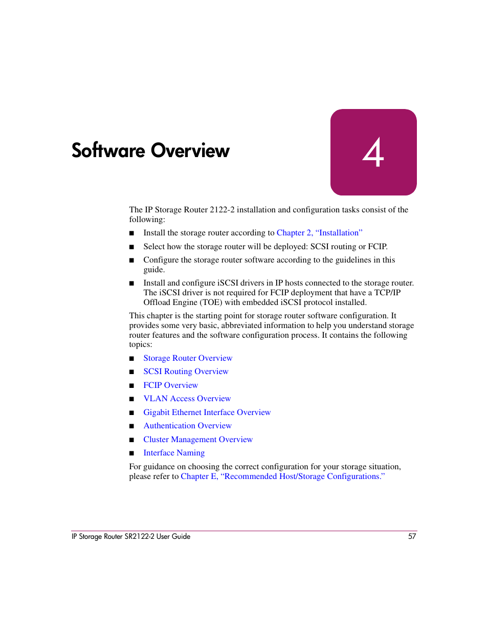 4 software overview, Chapter 4, software overview, Chapter 4 | Software overview | HP StorageWorks IP Storage Router User Manual | Page 57 / 242