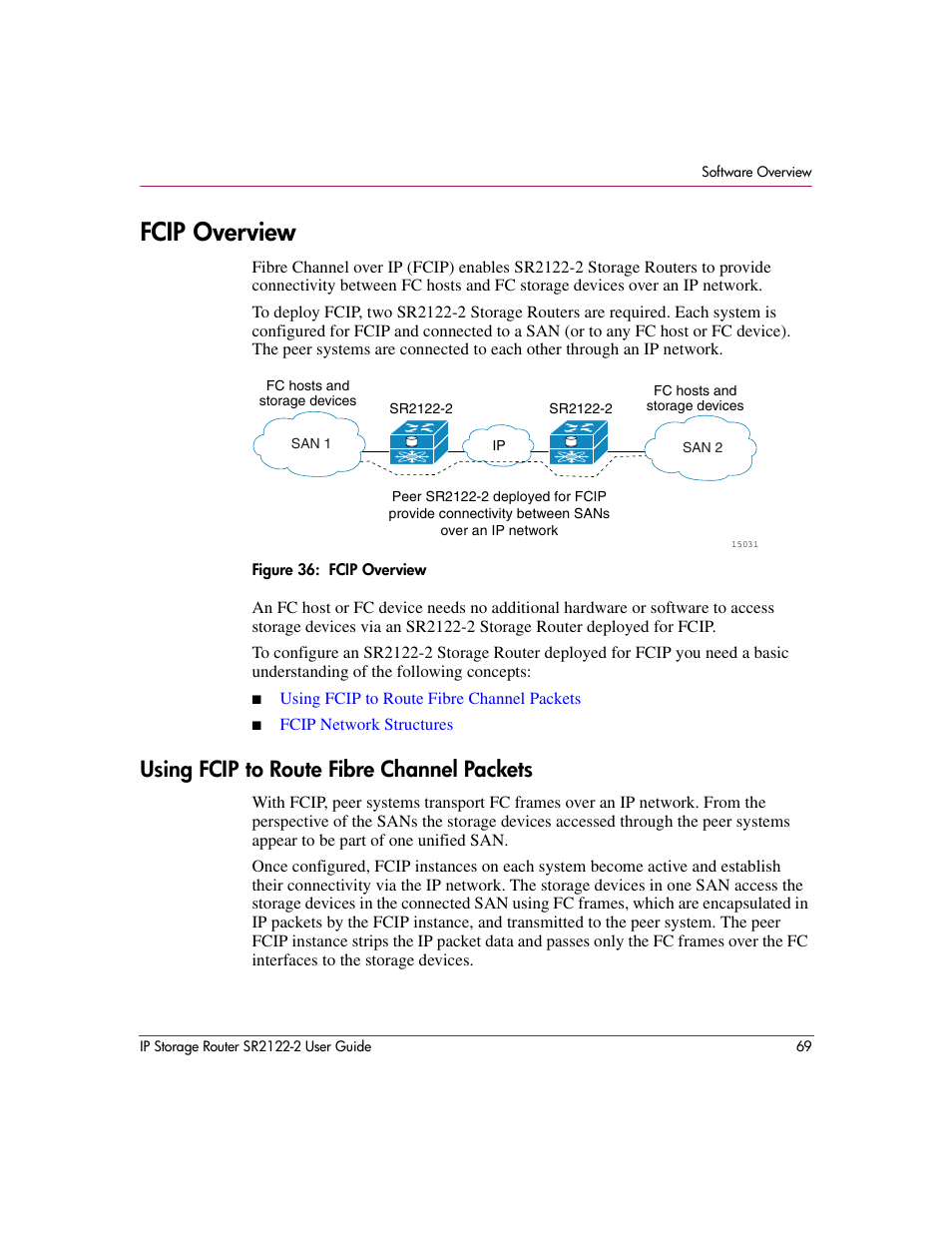 Fcip overview, Figure 36: fcip overview, Using fcip to route fibre channel packets | 36 fcip overview | HP StorageWorks IP Storage Router User Manual | Page 69 / 242