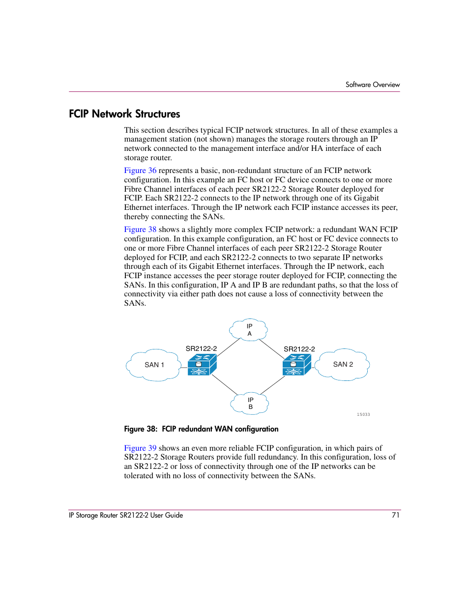 Fcip network structures, Figure 38: fcip redundant wan configuration, 38 fcip redundant wan configuration | HP StorageWorks IP Storage Router User Manual | Page 71 / 242