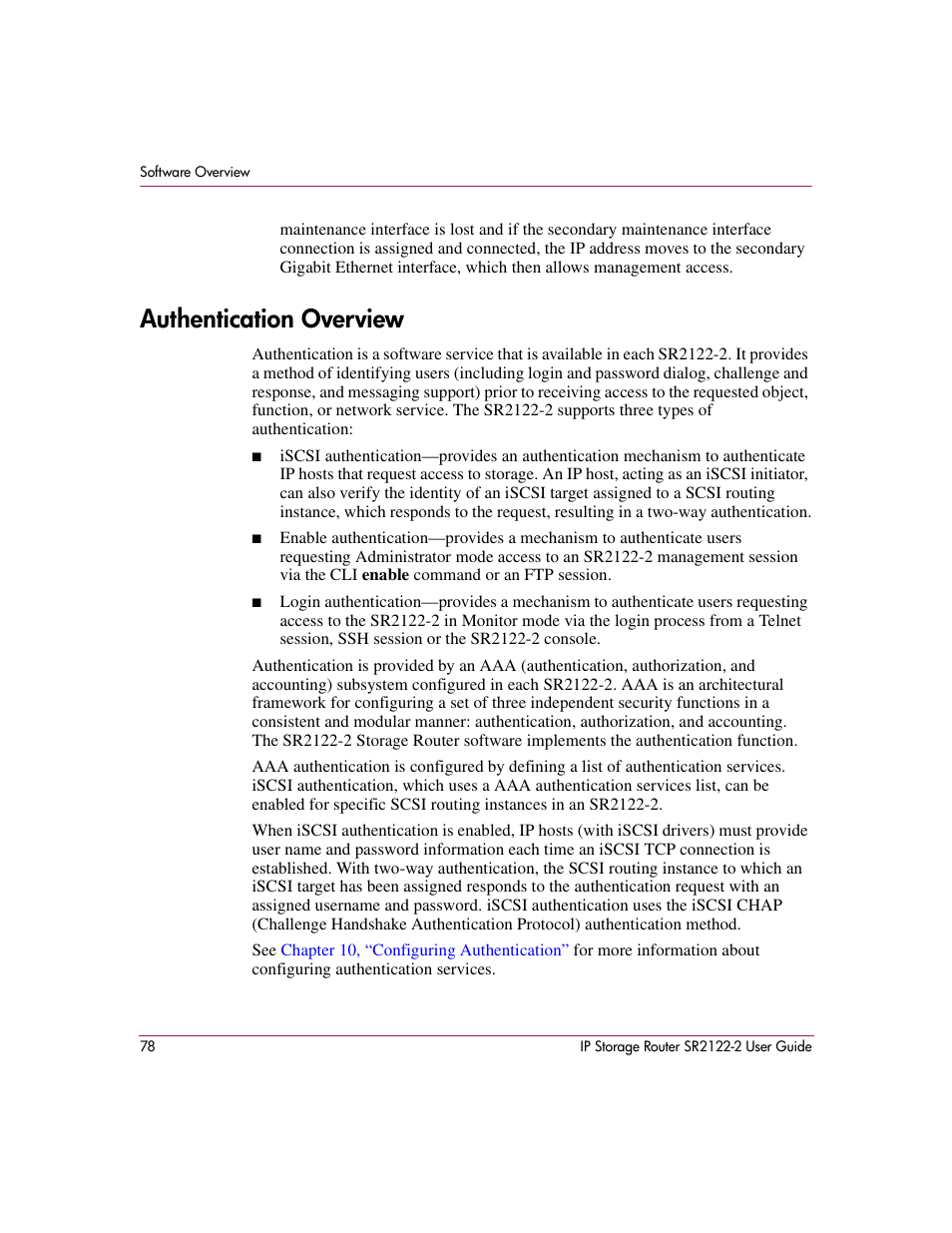 Authentication overview | HP StorageWorks IP Storage Router User Manual | Page 78 / 242