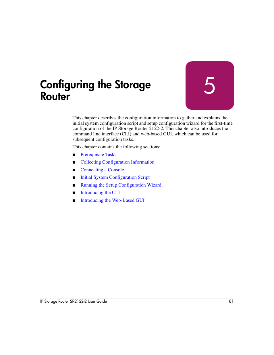 5 configuring the storage router, Chapter 5, configuring the storage router, Configuring the storage router | HP StorageWorks IP Storage Router User Manual | Page 81 / 242