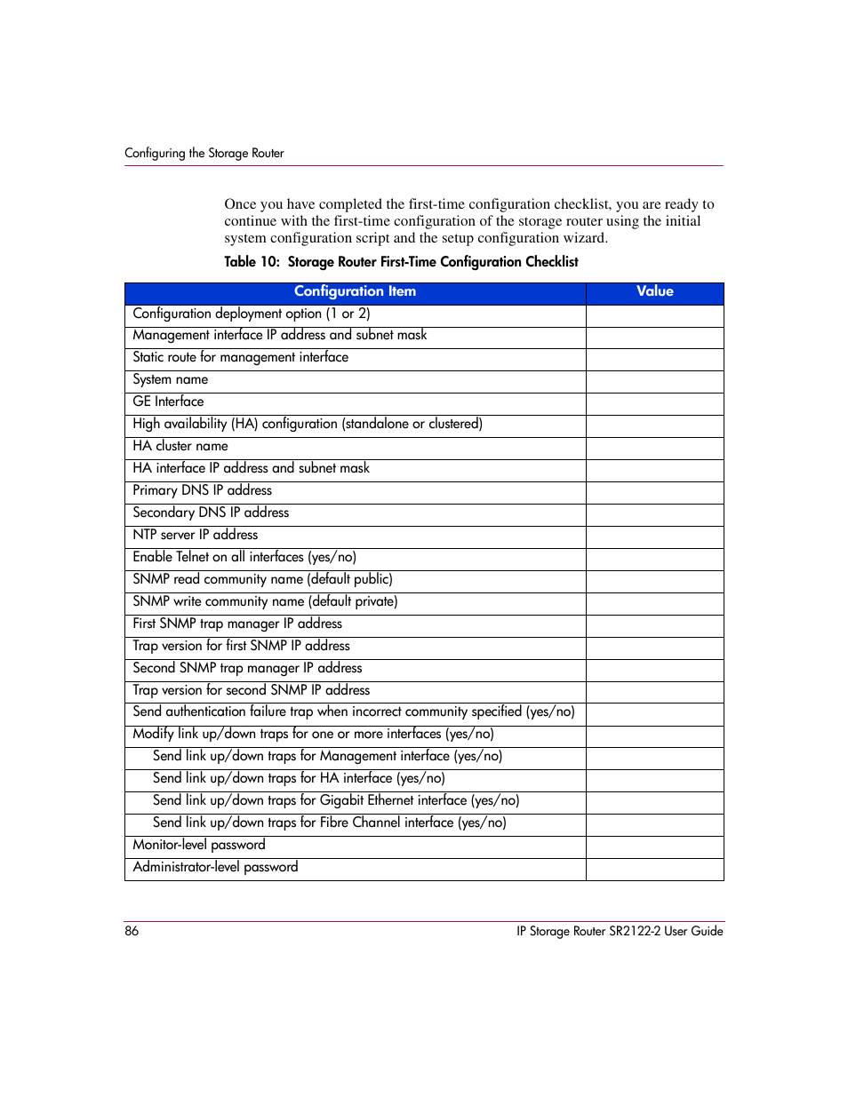 Table 10 | HP StorageWorks IP Storage Router User Manual | Page 86 / 242