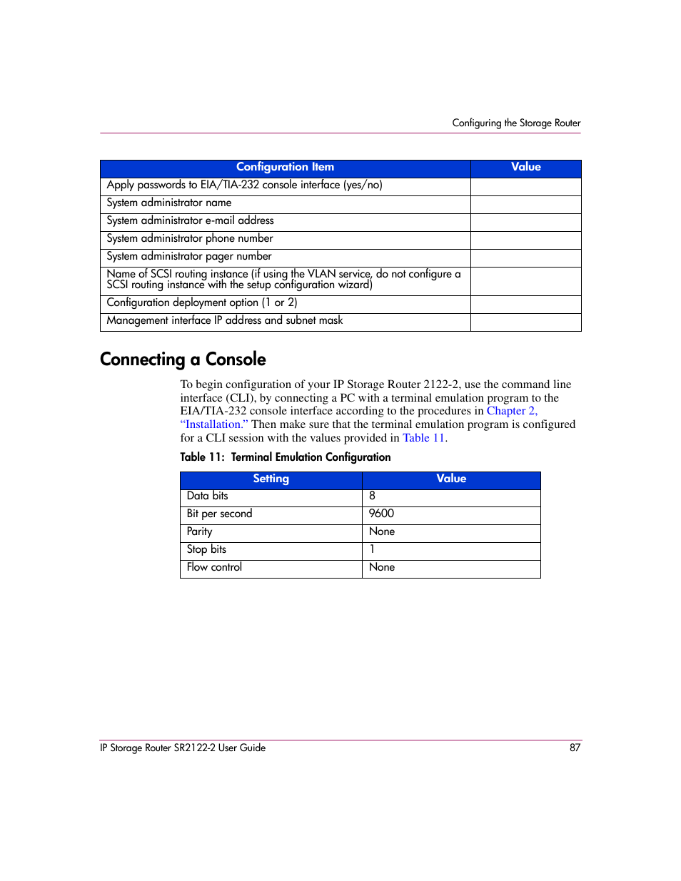 Connecting a console, Table 11: terminal emulation configuration, 11 terminal emulation configuration | HP StorageWorks IP Storage Router User Manual | Page 87 / 242