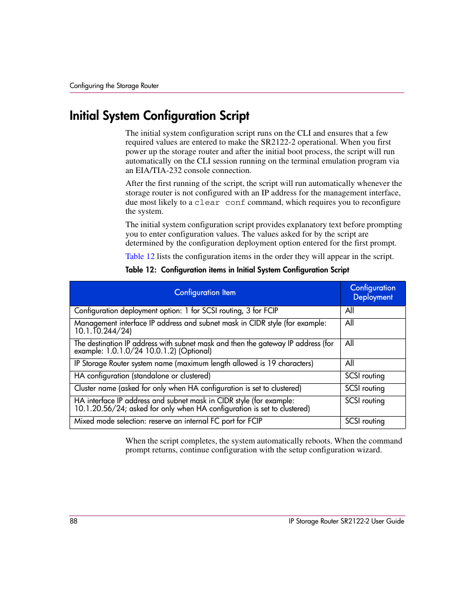 Initial system configuration script | HP StorageWorks IP Storage Router User Manual | Page 88 / 242