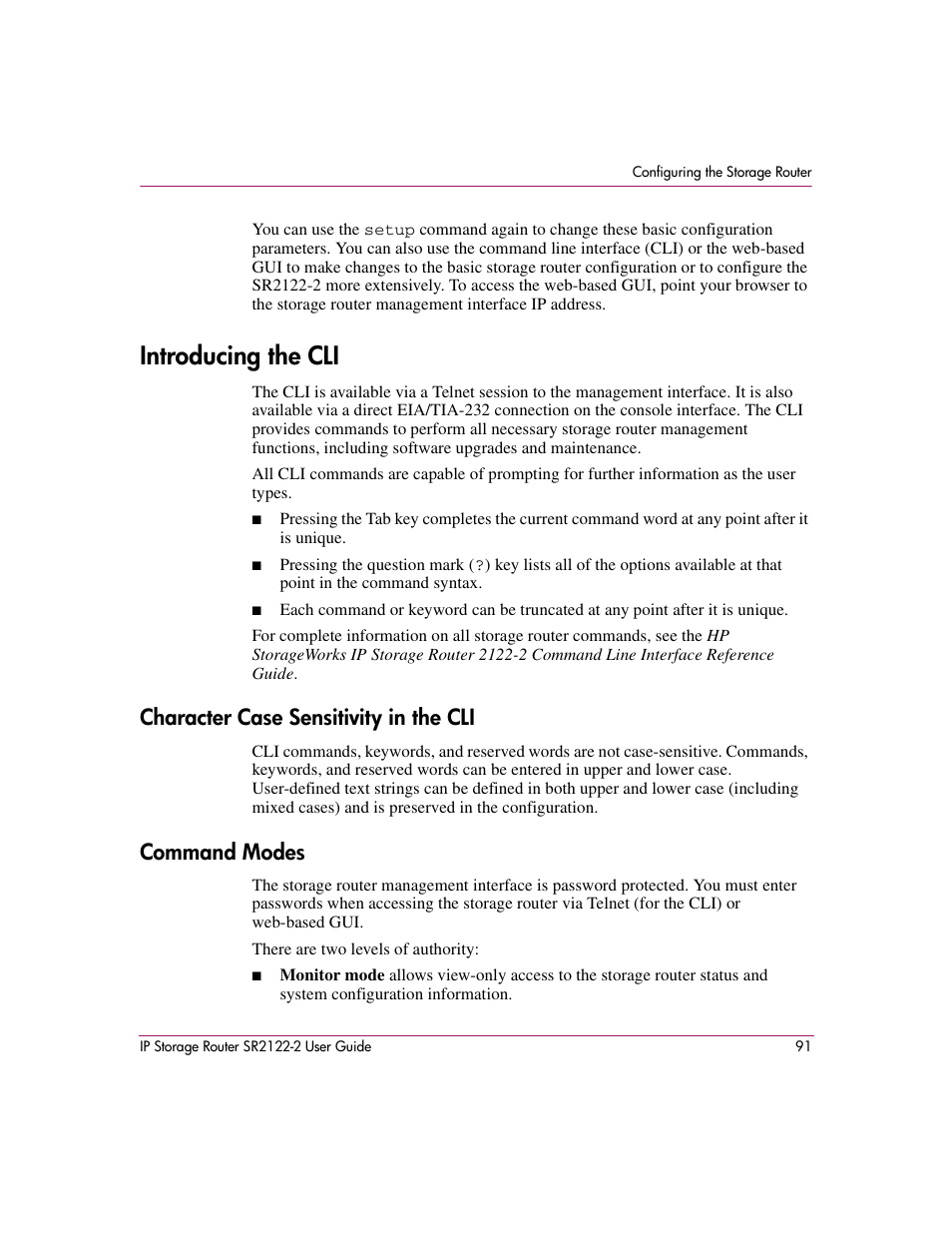 Introducing the cli, Character case sensitivity in the cli, Command modes | HP StorageWorks IP Storage Router User Manual | Page 91 / 242