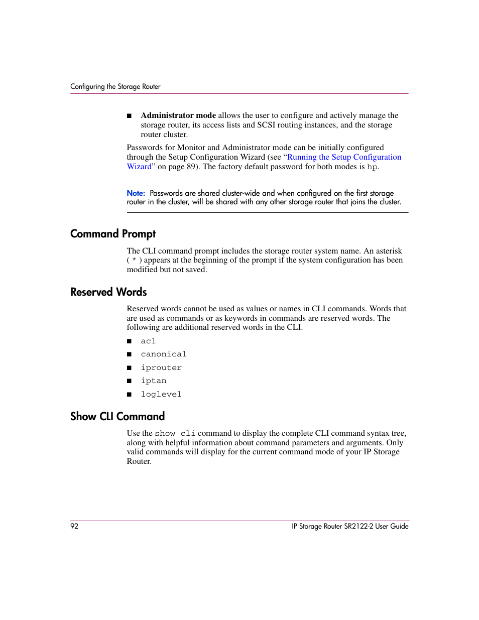 Command prompt, Reserved words, Show cli command | Command prompt reserved words show cli command | HP StorageWorks IP Storage Router User Manual | Page 92 / 242