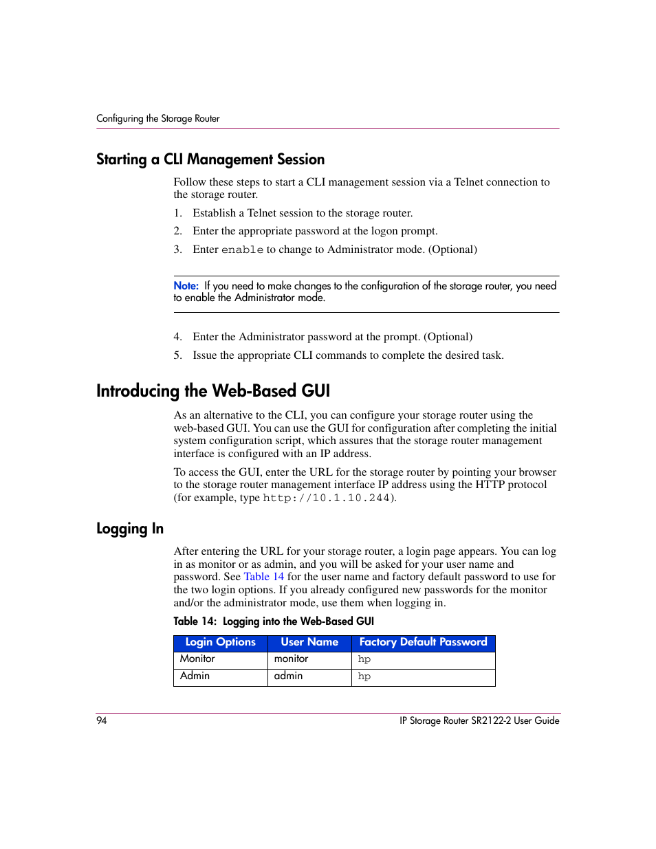 Starting a cli management session, Introducing the web-based gui, Logging in | Table 14: logging into the web-based gui, 14 logging into the web-based gui | HP StorageWorks IP Storage Router User Manual | Page 94 / 242
