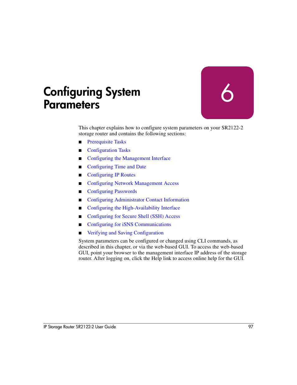 6 configuring system parameters, Chapter 6, Configuring | System, Parameters, Configuring system parameters | HP StorageWorks IP Storage Router User Manual | Page 97 / 242