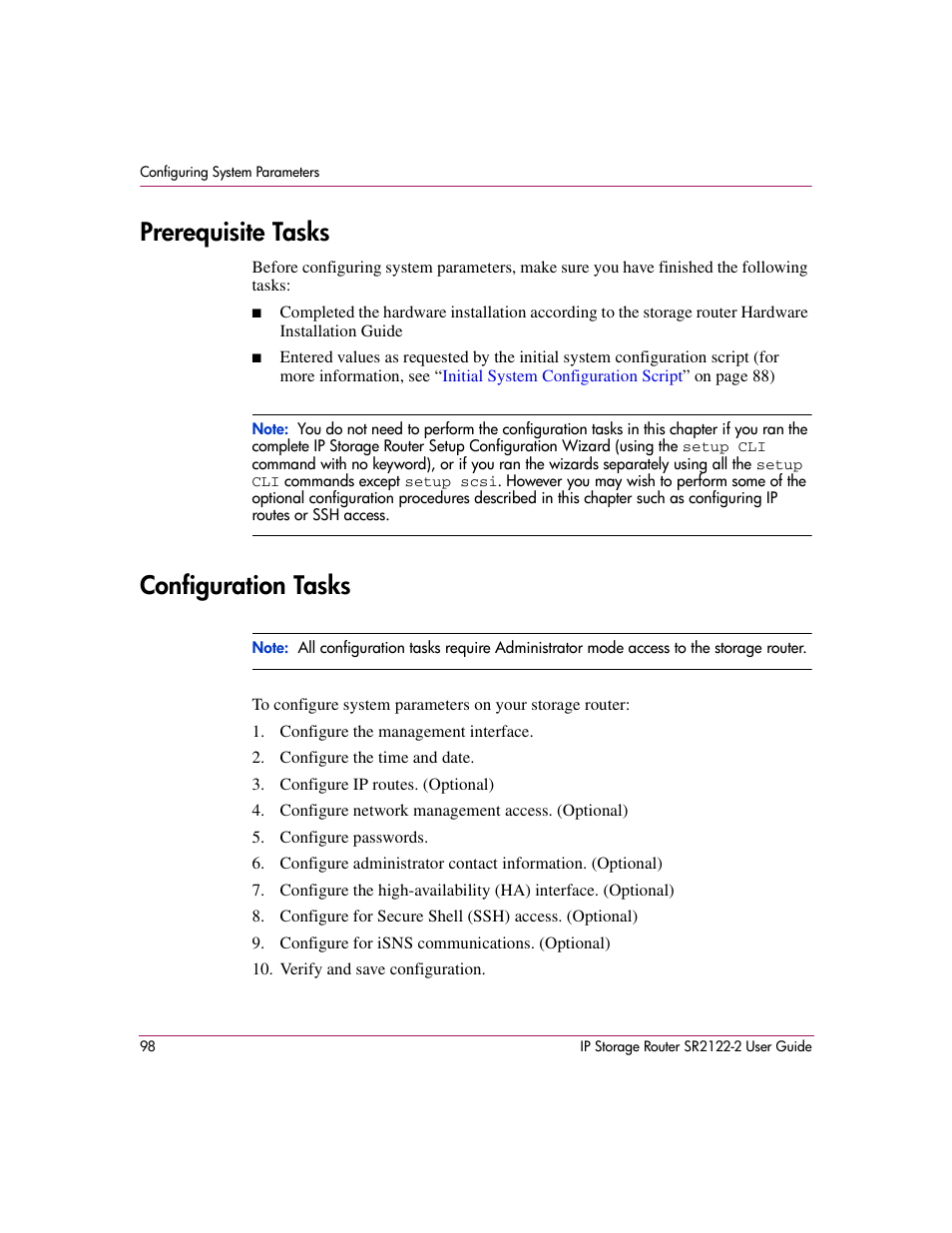 Prerequisite tasks, Configuration tasks, Prerequisite tasks configuration tasks | HP StorageWorks IP Storage Router User Manual | Page 98 / 242