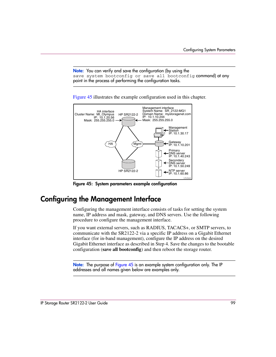 Figure 45: system parameters example configuration, Configuring the management interface, 45 system parameters example configuration | HP StorageWorks IP Storage Router User Manual | Page 99 / 242