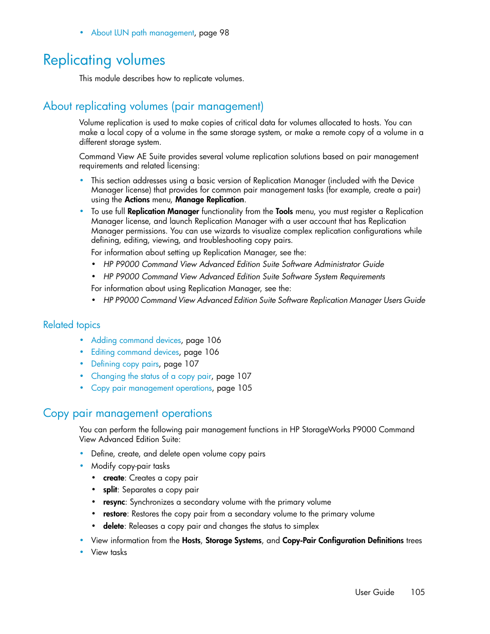 Replicating volumes, About replicating volumes (pair management), Copy pair management operations | 105 copy pair management operations | HP XP Array Manager Software User Manual | Page 105 / 238