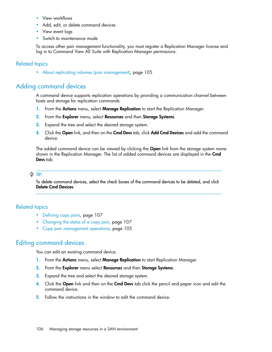 Adding command devices, Editing command devices, 106 editing command devices | HP XP Array Manager Software User Manual | Page 106 / 238