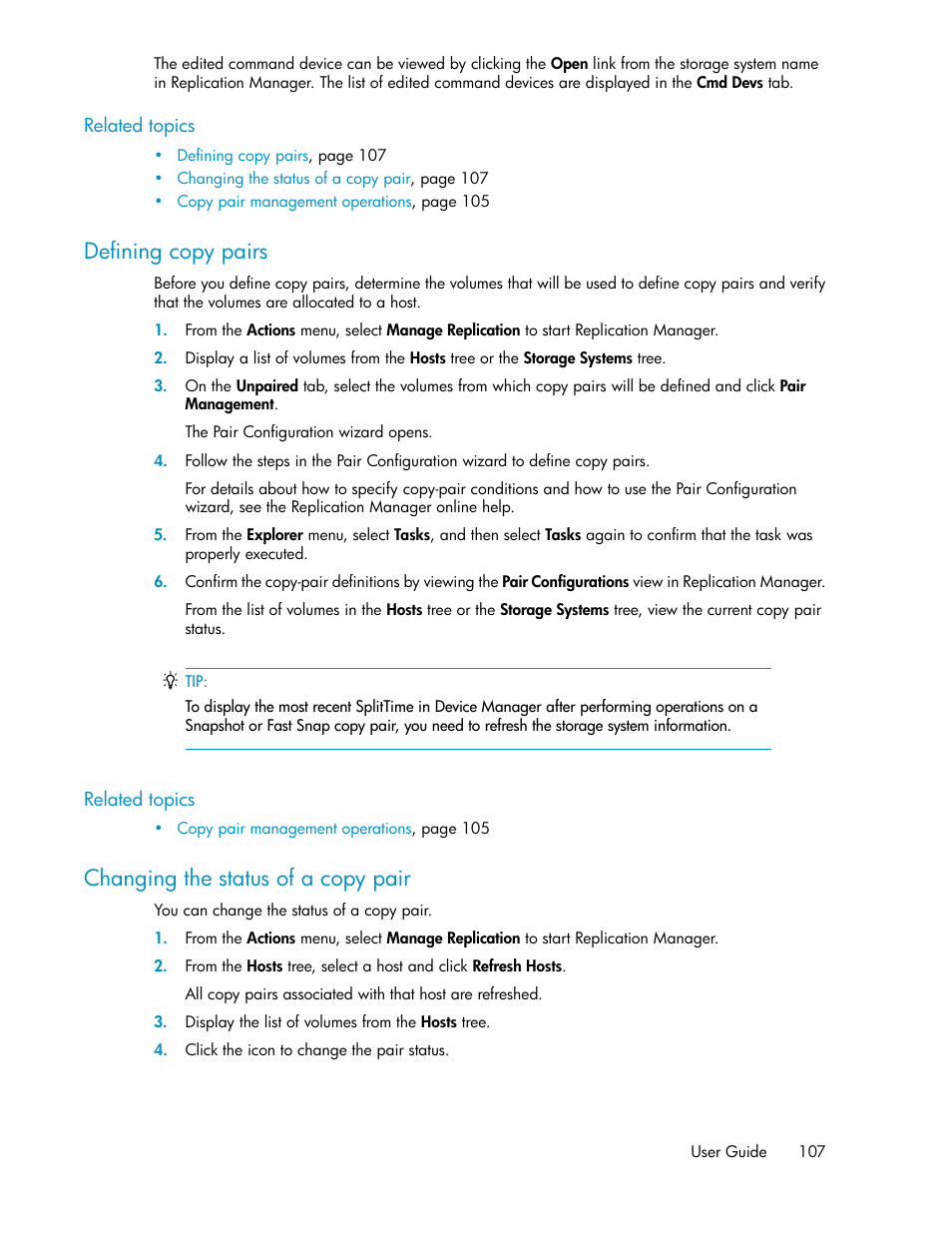 Defining copy pairs, Changing the status of a copy pair, 107 changing the status of a copy pair | HP XP Array Manager Software User Manual | Page 107 / 238