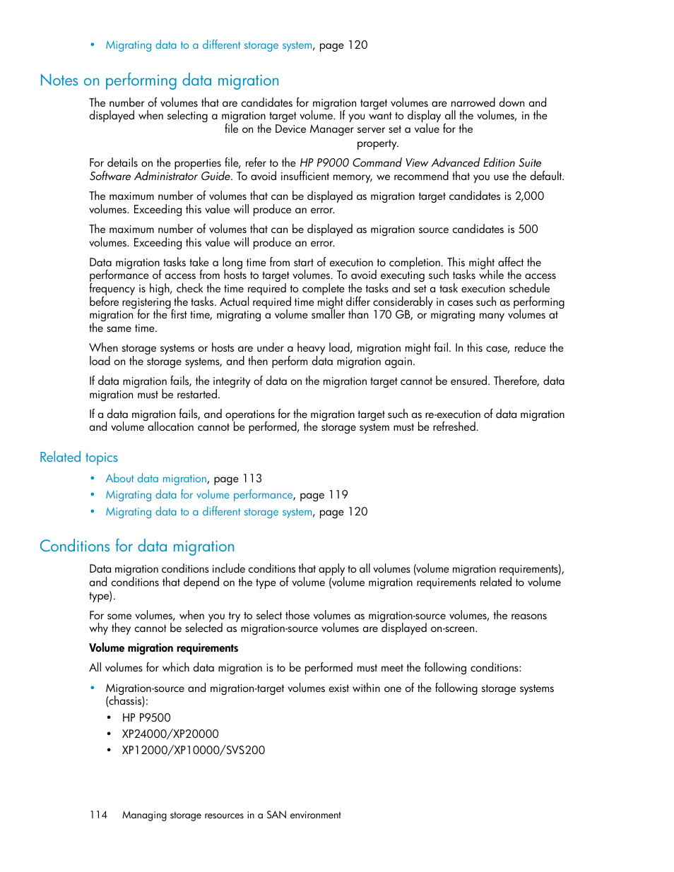 Notes on performing data migration, Conditions for data migration, 114 conditions for data migration | HP XP Array Manager Software User Manual | Page 114 / 238