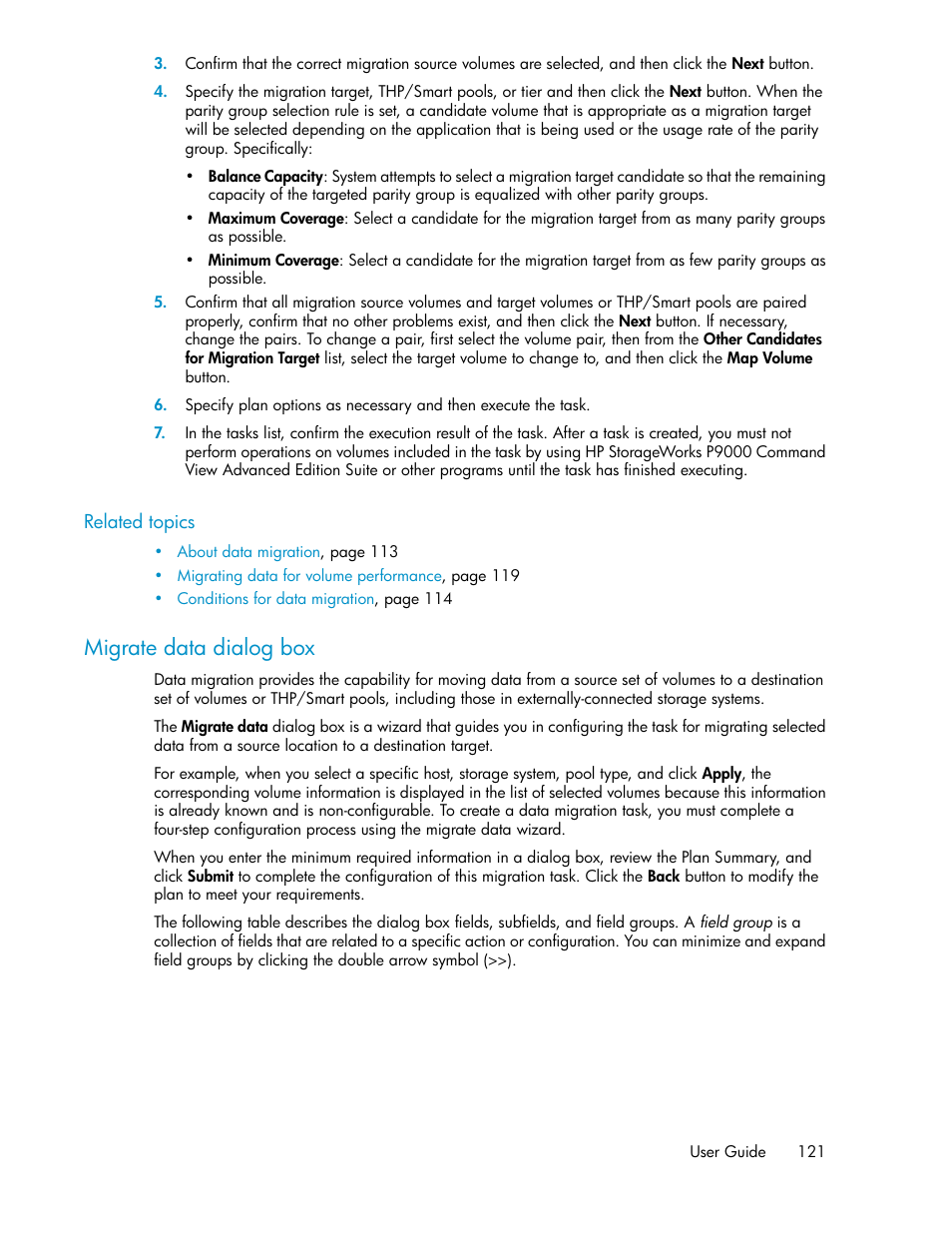 Migrate data dialog box | HP XP Array Manager Software User Manual | Page 121 / 238