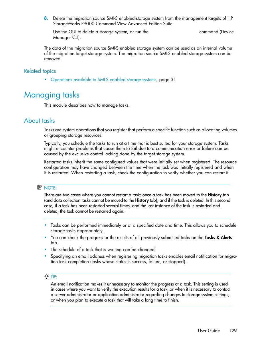 Managing tasks, About tasks | HP XP Array Manager Software User Manual | Page 129 / 238