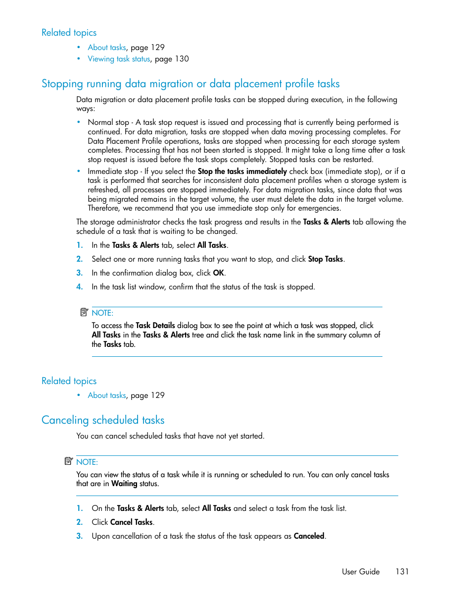 Canceling scheduled tasks, 131 canceling scheduled tasks | HP XP Array Manager Software User Manual | Page 131 / 238