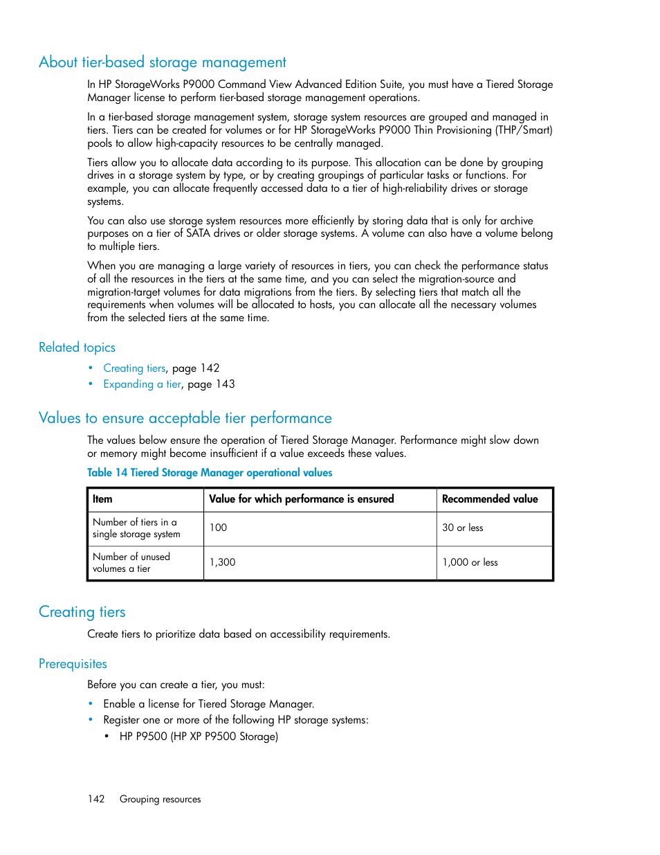 About tier-based storage management, Values to ensure acceptable tier performance, Creating tiers | 142 values to ensure acceptable tier performance, 142 creating tiers, Tiered storage manager operational values | HP XP Array Manager Software User Manual | Page 142 / 238