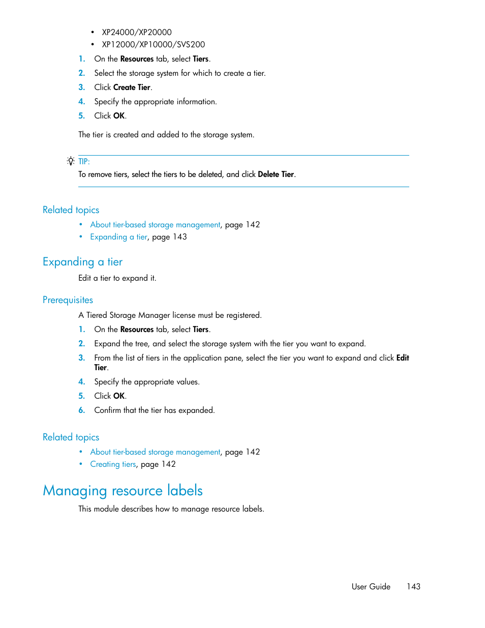 Expanding a tier, Managing resource labels | HP XP Array Manager Software User Manual | Page 143 / 238