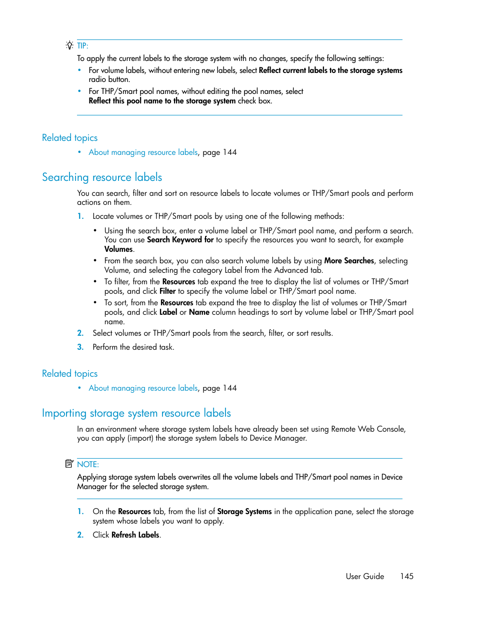 Searching resource labels, Importing storage system resource labels, 145 importing storage system resource labels | HP XP Array Manager Software User Manual | Page 145 / 238